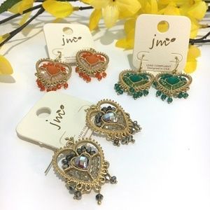 𝅺3/$29 3 Pairs Heart Shaped Beaded Fringe Earrings